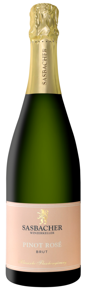 Pinot-Rose-Sekt-Brut-300x997 Eine Flasche Sasbacher Pinot Rosé Sekt mit rosa Etikett und einer goldfarbenen Kapsel.