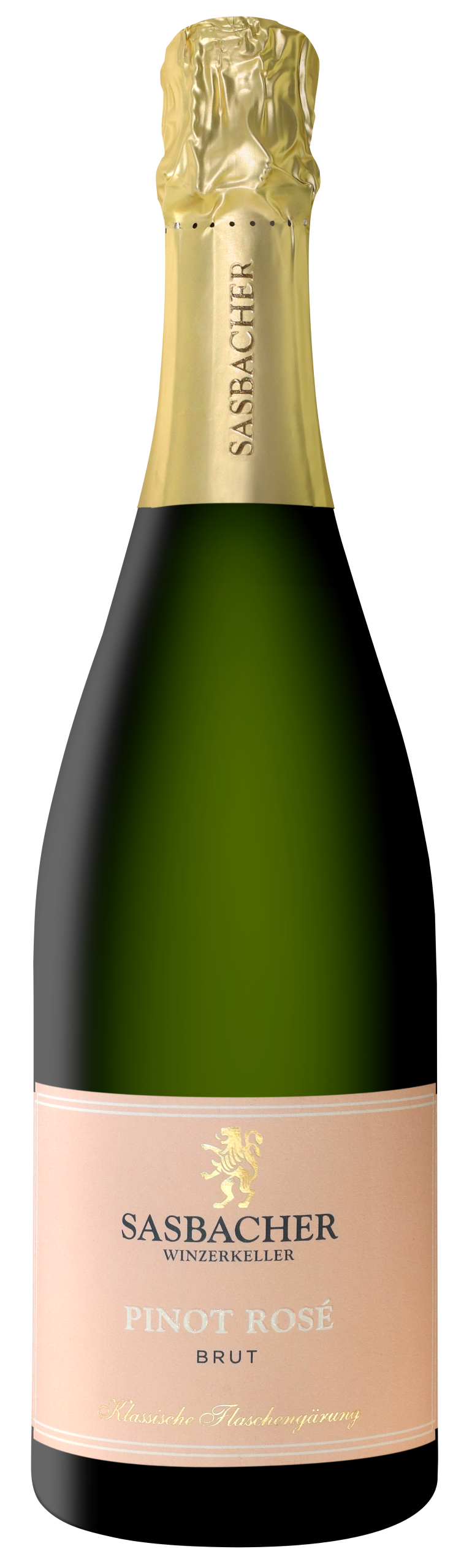 Pinot-Rose-Sekt-Brut-600x1995 Eine Flasche Sasbacher Pinot Rosé Sekt mit rosa Etikett und einer goldfarbenen Kapsel.