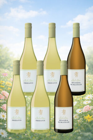 Sasbacher_Alkoholfreipaket-6er_2026-300x450 Sechs Flaschen vom Sasbacher Winzerkeller stehen auf einer Frühlingswiese. Davon sind zwei Flaschen Alkhoholfrei Rivaner und Muskateller sowie vier Flaschen Frizzante Alkoholfrei.