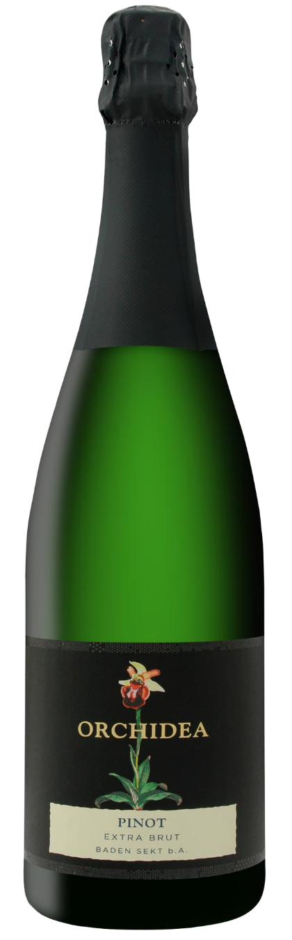 Eine Flasche mit grünem Etikett, auf dem "Orchidea Pinot" und ein Orchideen-Logo zu sehen sind.