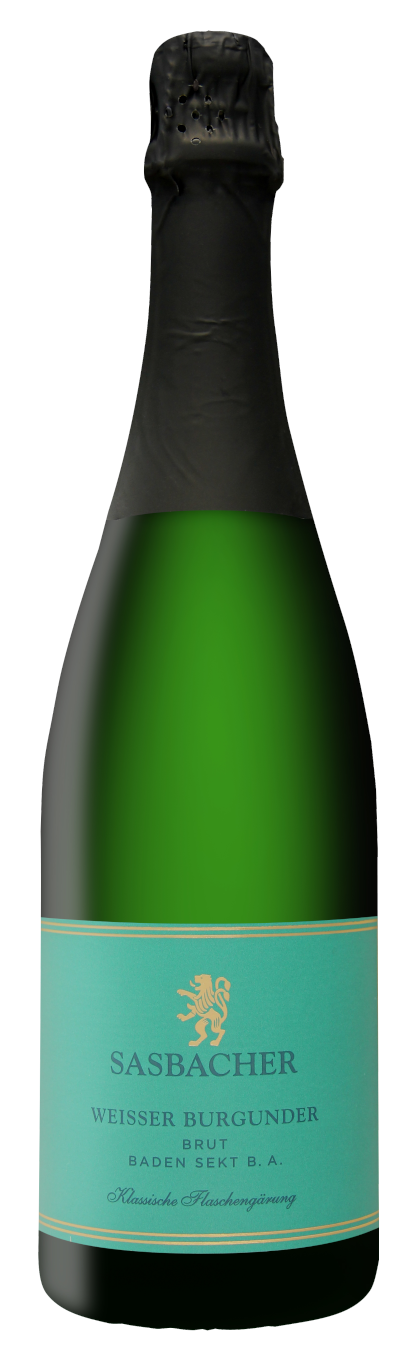 Eine Flasche Sasbacher Weisser Burgunder Sekt Brut mit grünem Etikett und schwarzer Kapsel.